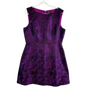Tahari Womans Sz 16 Dress Floral Purple Black Sleeveless Lined Back Zip